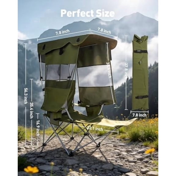 Folding Camping Chair with Shade: Canopy Camp Chairs with Umbrella for Adults,Portable Beach Chairs with Cup Holder, Side Pocket for Lawn, Sports, Tailgates, Fishing - Support 330 LBS,Green