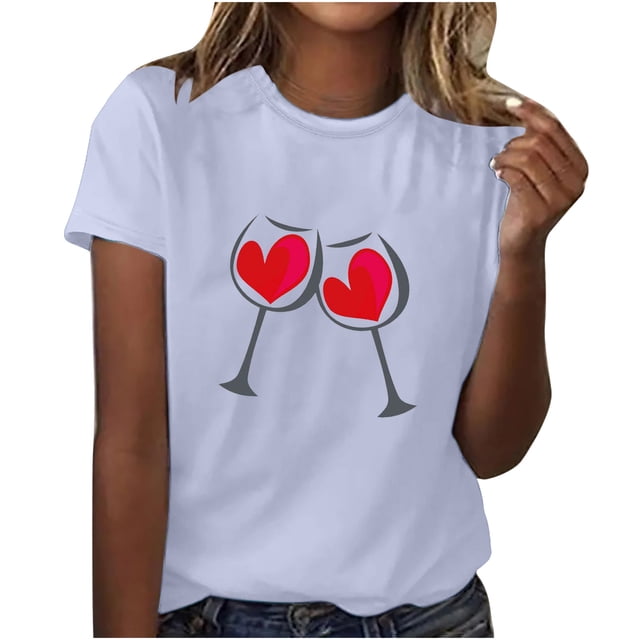 Diufon Hauts de la Saint-Valentin pour Femmes Décontracté Manches Courtes Col Rond Pull Chemise Imprimé Graphique Mignon Tendance