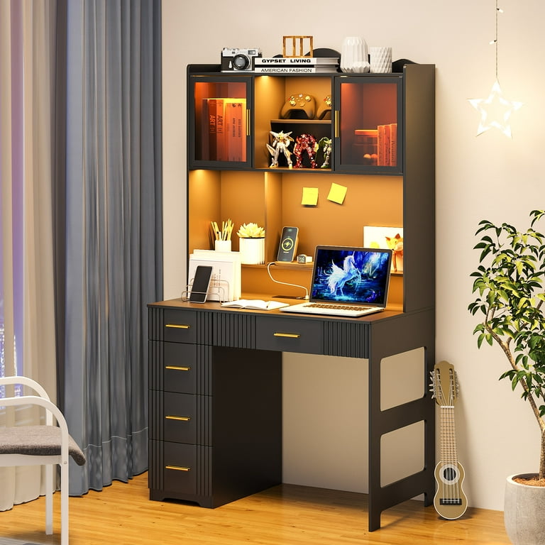 HNEBC LED Study Desk with Hutch and Drawer, Home Office Desk with Outlet,  Computer Desk with Charging Station, Writing Desk for Bedroom, Workstation  for Small Space 