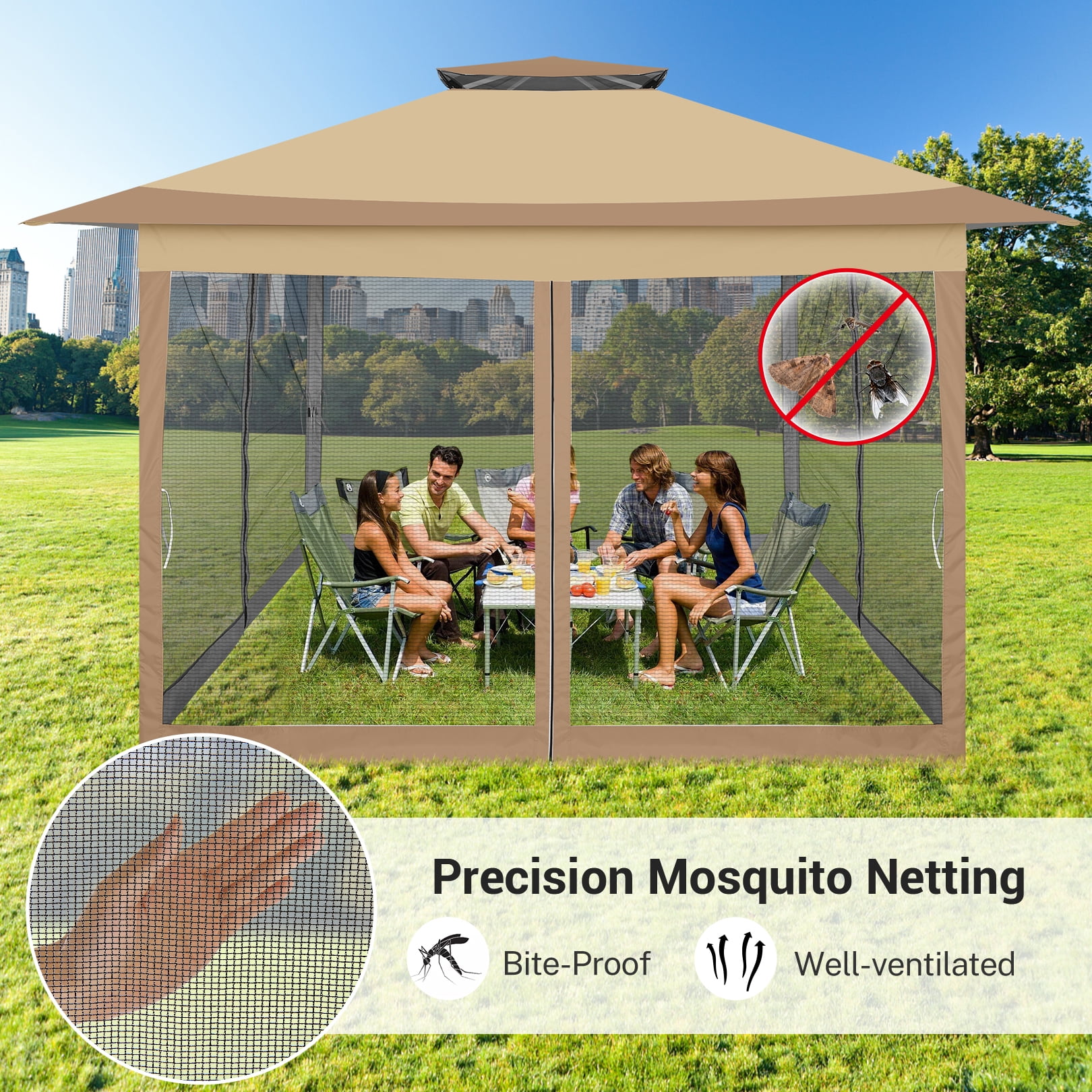 HOTEEL 12' x 12' Outdoor Pop-Up Gazebo Canopy with Mosquito Netting, 2-Tiered Vented Top, 3 Adjustable Heights for Backyard, Garden, Lawn, Brown