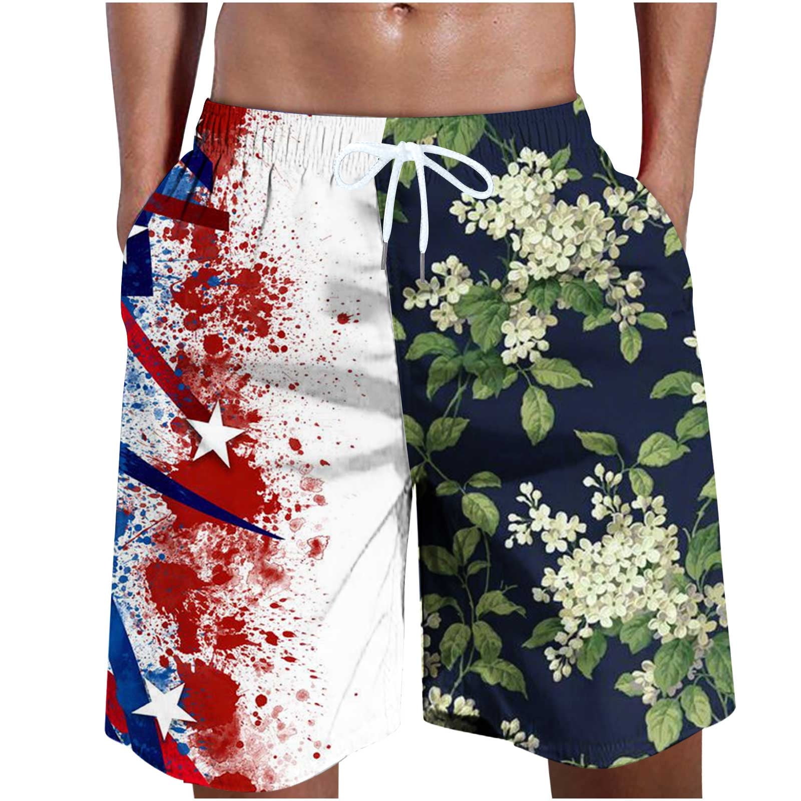 ZCFZJW Men's Hawaiian Swim Trunks Tie Dye Stars Striped and Flower  Patchwork Print Summer Beach Board Shorts Quick Dry Swimwear Sports with  Pockets Green S 