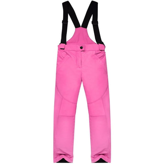 Pantalon de Ski d'Hiver Imperméable Snow Pantalon de Randonnée Épais et Chaud Pantalon d'Hiver Isolé contre le Froid pour Enfants de Couleur Rose Vif. Fabriqué en Tissu polyester Résistant à l'Eau et Coupe-Vent avec un Doux Rembourrage en Coton pour la Chaleur. Comprend des Bretelles Amovibles et Ajustables, une Taille Élastiquée pour un Ajustement Confortable, et des Poches Latérales pour le Rangement. Conçu pour les Activités par Temps Froid comme le Ski et la Randonnée.