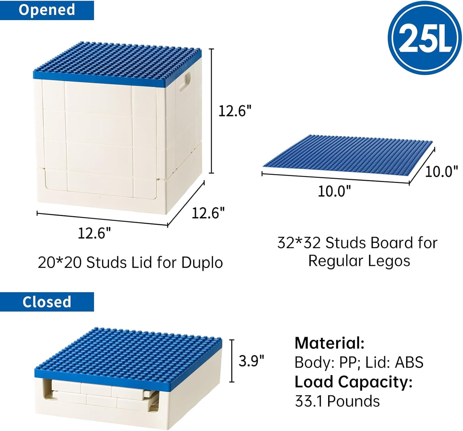 Folding Storage Box with Building Lid for Duplo Blocks, 26 Qt. Foldable Toy Container, 25L Collapsible Storage Bin with Building Baseplate for Lego Bricks, Blue