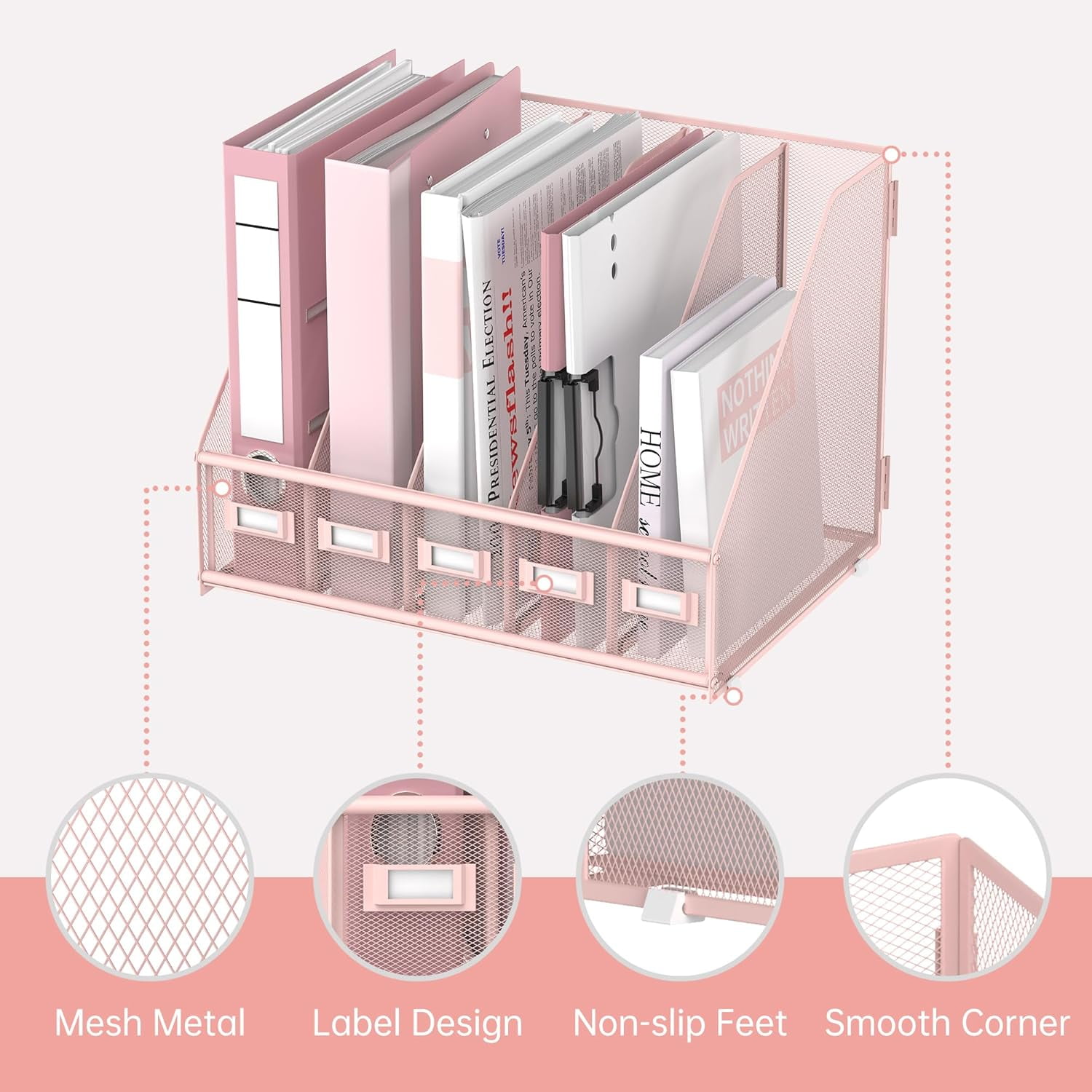 INTIGE Metal Mesh Desk File Organizer with 5 Vertical Compartments, Pink, Desk Organizer, Plus, Assemble