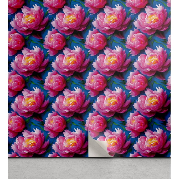 Ambesonne Peony Peel & Stick Wallpaper for Home, Colorful Asian Style Bloom, 13"x72", Sea Blue Magenta and Green