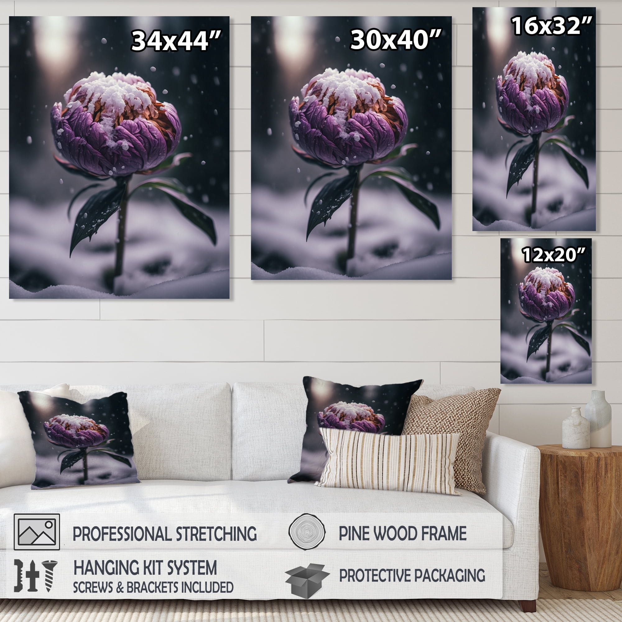 Designart A Blooming Puple Peony Flower In Winter III Canvas Wall Art