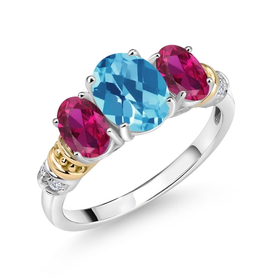 Gem Stone King 925 Sterling Silver and 10K Yellow Gold Oval Swiss Blue Topaz Red Created Ruby and White Diamond 3 Stone Ring for Women (2.33 Cttw, Gemstone November Birthstone, Size 5)