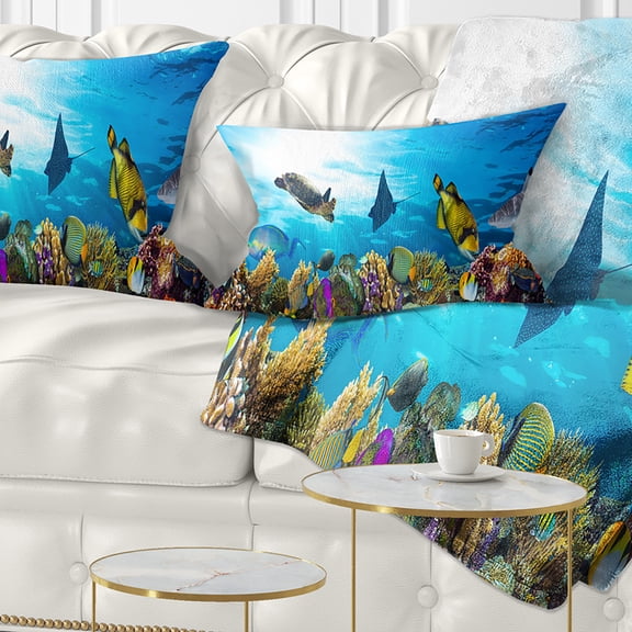 Designart Colorful Coral Reef with Fishes - Seascape Throw Pillow - 12x20