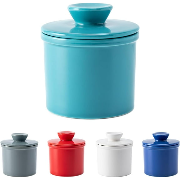 Butter Crock with Water Line for Countertop, French Butter Dish with Lid, Ceramic Butter Keeper for Fresh Spreadable Butter, Butter Container Holder for Kitchen and Home Decor, Turquoise