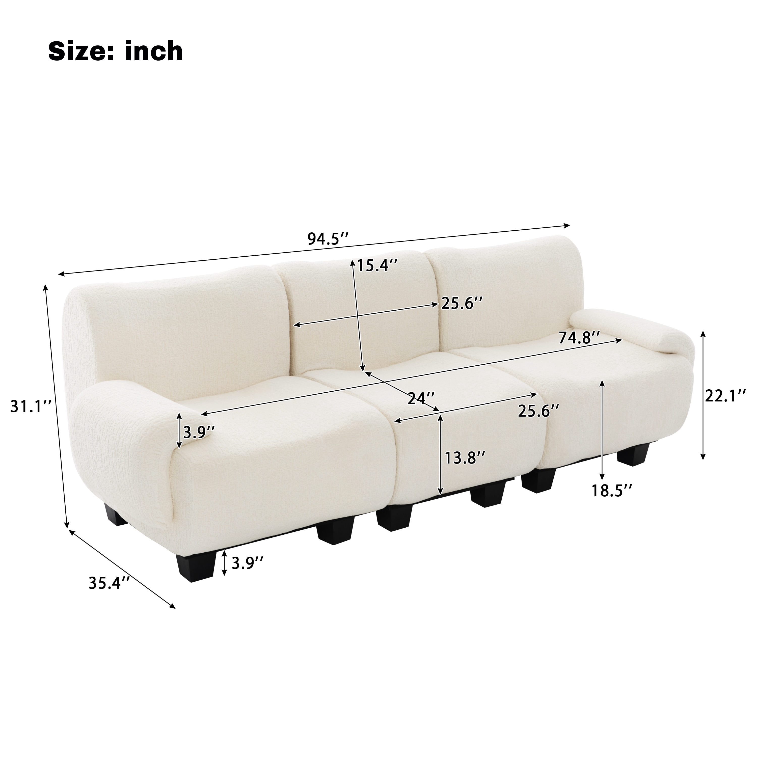 Euroco Modern 3-seater Sofa 94.5" Sofa Couch Chenille Upholstered Sofa with Curved Armrests for Living Room, Apartment, Guest Room, Beige