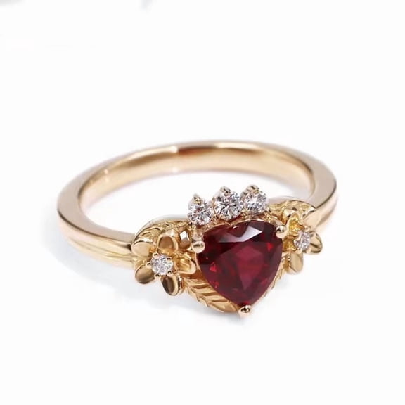 Romantic 6.0mm Heart-Cut Lab-Created Ruby & Diamond Ring - Flower and Leaf Inspired Design, Exquisite Jewelry for Women, Perfect for Special Occasions