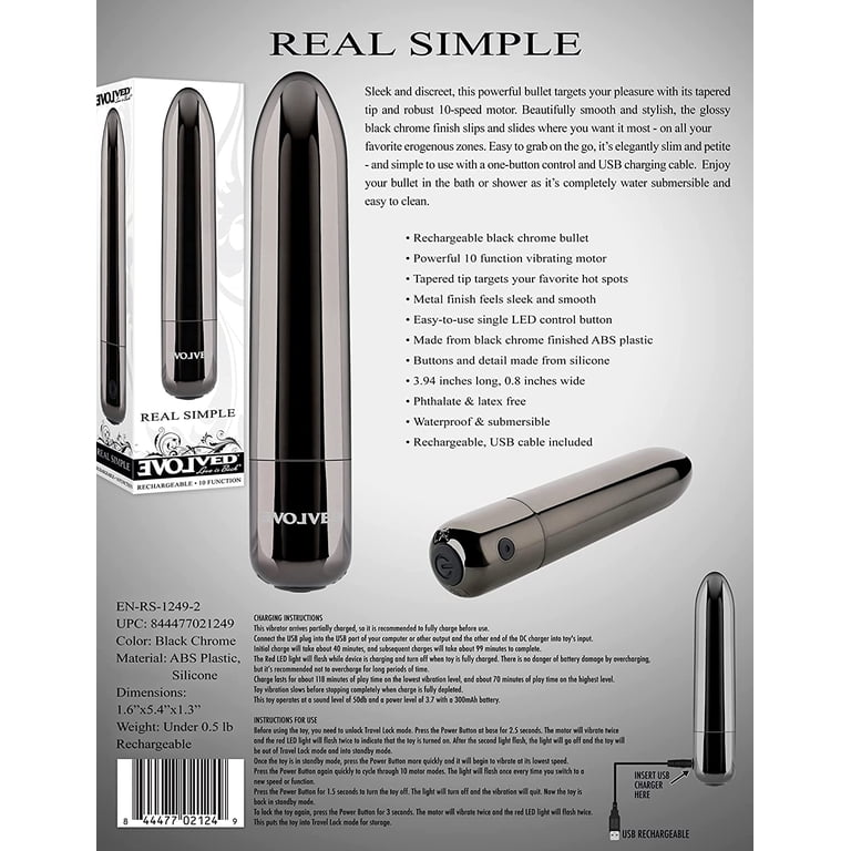 Evolved Real Simple 10-Speed Rechargeable Bullet Vibrator in Black Chrome,  Water Submersible - Walmart.com