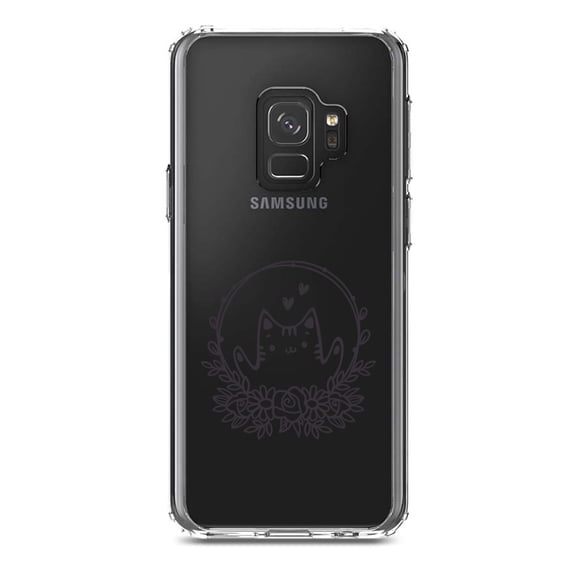 DistinctInk Clear Shockproof Hybrid Case for Samsung Galaxy S9 (5.8" Screen) - TPU Bumper Acrylic Back Tempered Glass Screen Protector - Valentine Cat - Wreath Hearts