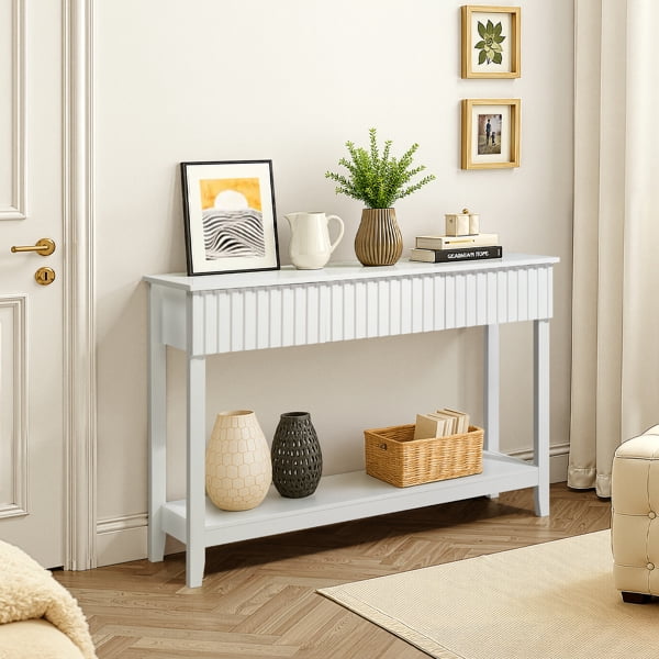 Modern White Console Table with 3 Drawers & Open Shelf, 51.2" Sofa Table for Entryway, Hallway, Behind Couch, MDF Construction, Handleless Design