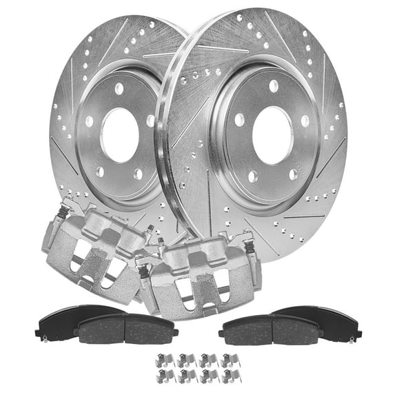 Detroit Axle - Front Brake Kit for Chrysler Town & Country Voyager Pacifica Dodge Grand Caravan Ram C/V, Drilled Brake Rotors Ceramic Brakes Pads Brake Calipers Replacement