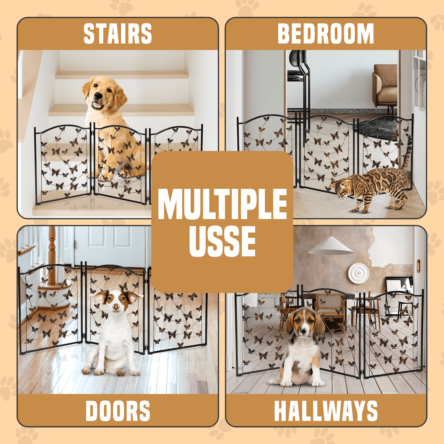 Bundaloo Freestanding Metal Folding Pet Gate, Medium, Foldable and Versatile, 24" Tall Expands Up to 45" - Black Bronze Rustic Butterfly Design
