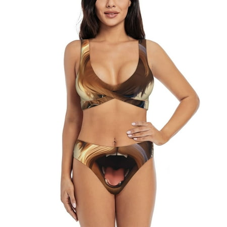 Zeuib Cartoon Happy Cute Puppy High Waisted Tummy Control Bikini Set - Knot Front Push Up Top & Cheeky Thong Bottom  Two-Piece Swimsuit for Women-XX-Large