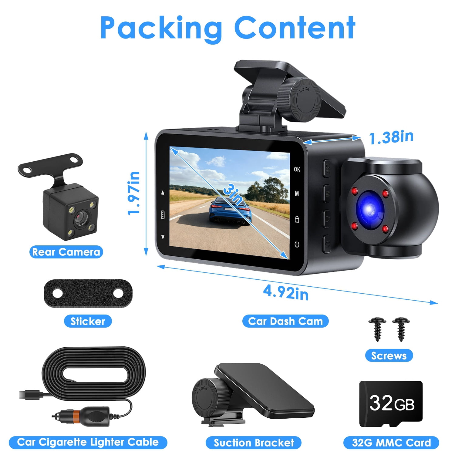 3 Channel Dash Cam for Cars, 1080P Full HD Front Camera (140° Wide View) with 480P Interior & Rear Cameras, 360° Vehicle Protection, Picture-in-Picture Display for Collision Evidence