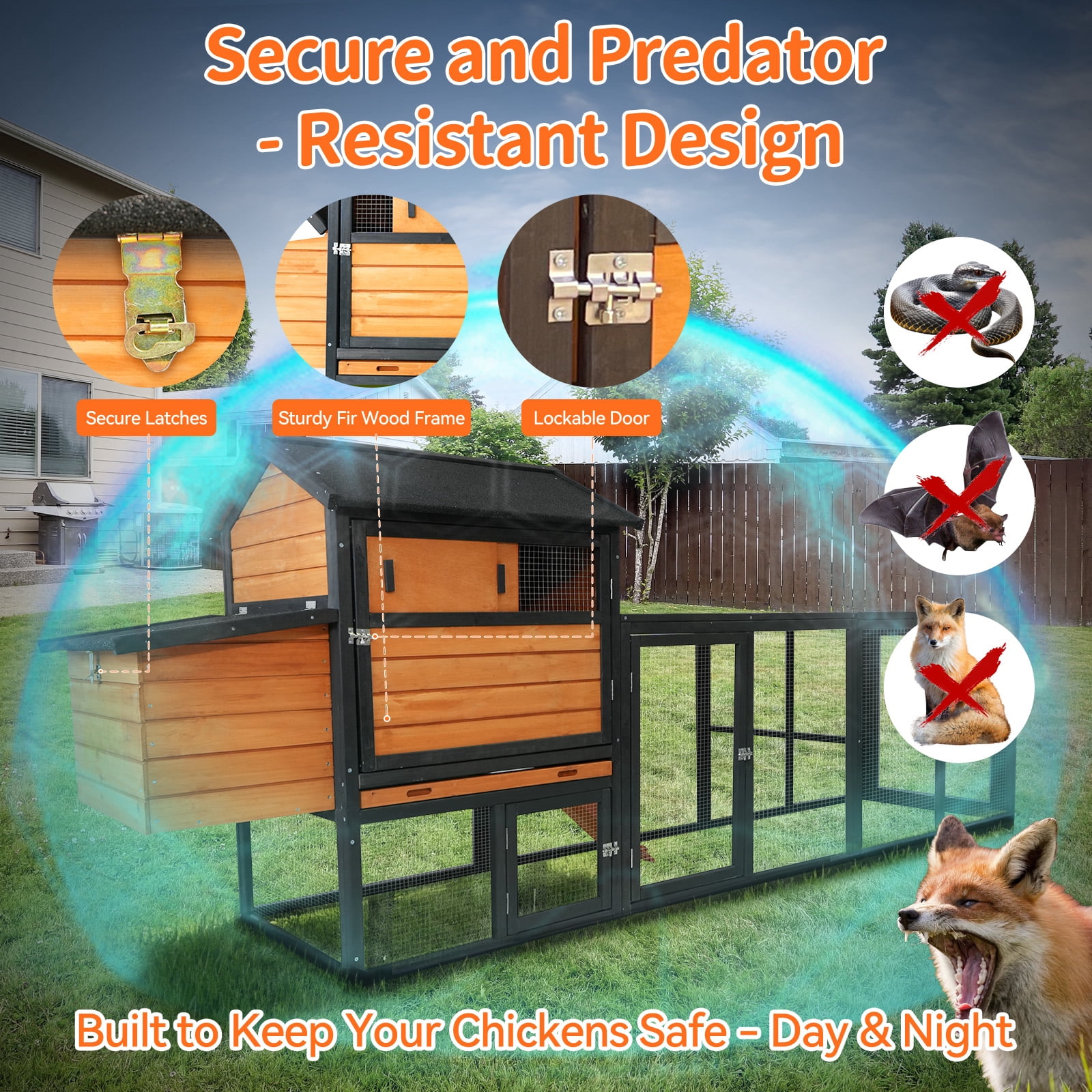 Wooden Chicken Coop, Large Outdoor Hen House with Run and Nesting Box Poultry Cage, Rabbit Hutch, Waterproof Anti-UV Panel for Backyard Black
