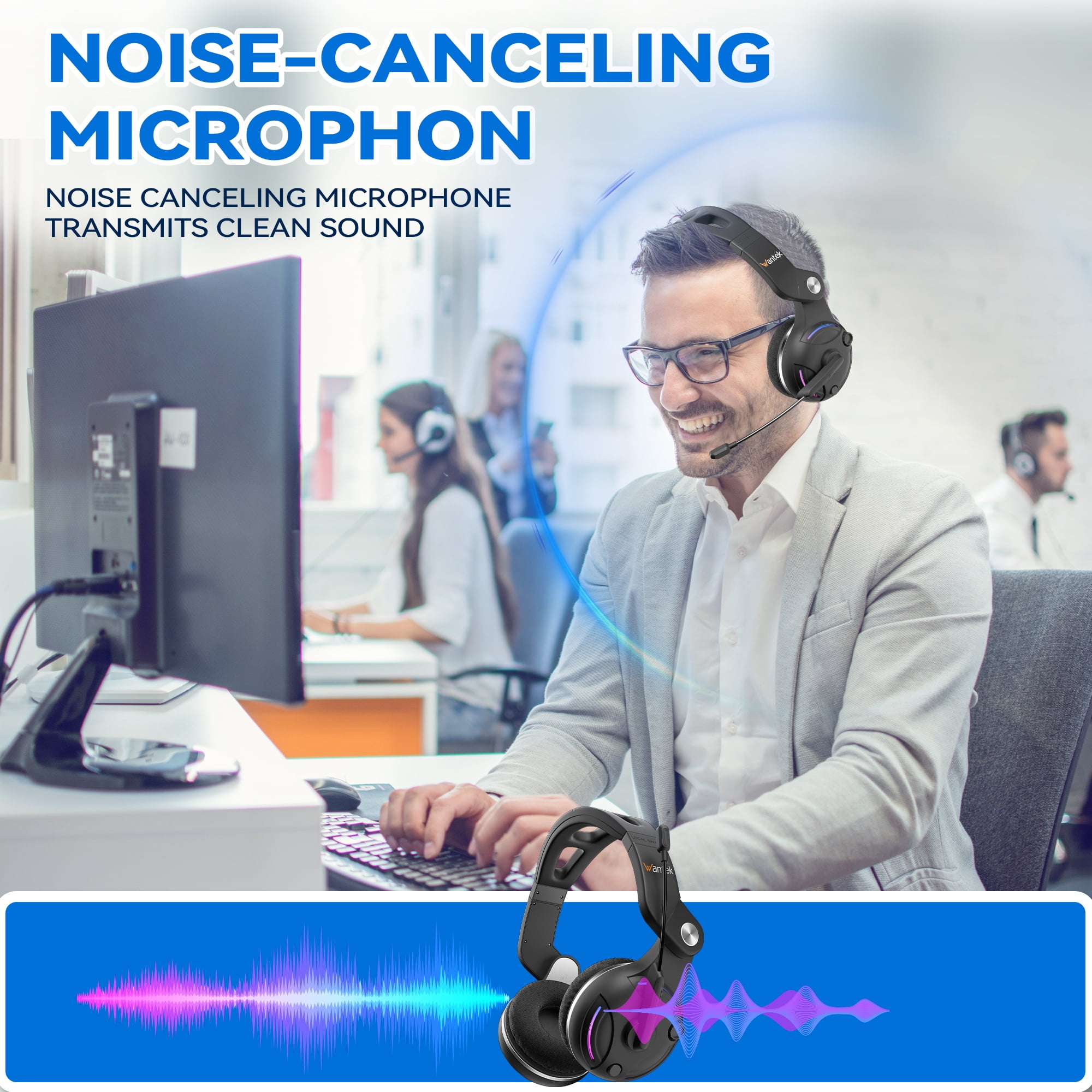 Wantek Wireless Bluetooth 5.3 Headset with Microphone AI Noise Cancelling For Phones PC