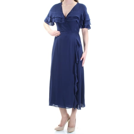 Ruffle Neck Wrap - 1. STATE Womens Navy Ruffled Short Sleeve V Neck Tea Length Wrap Dress Size: XS