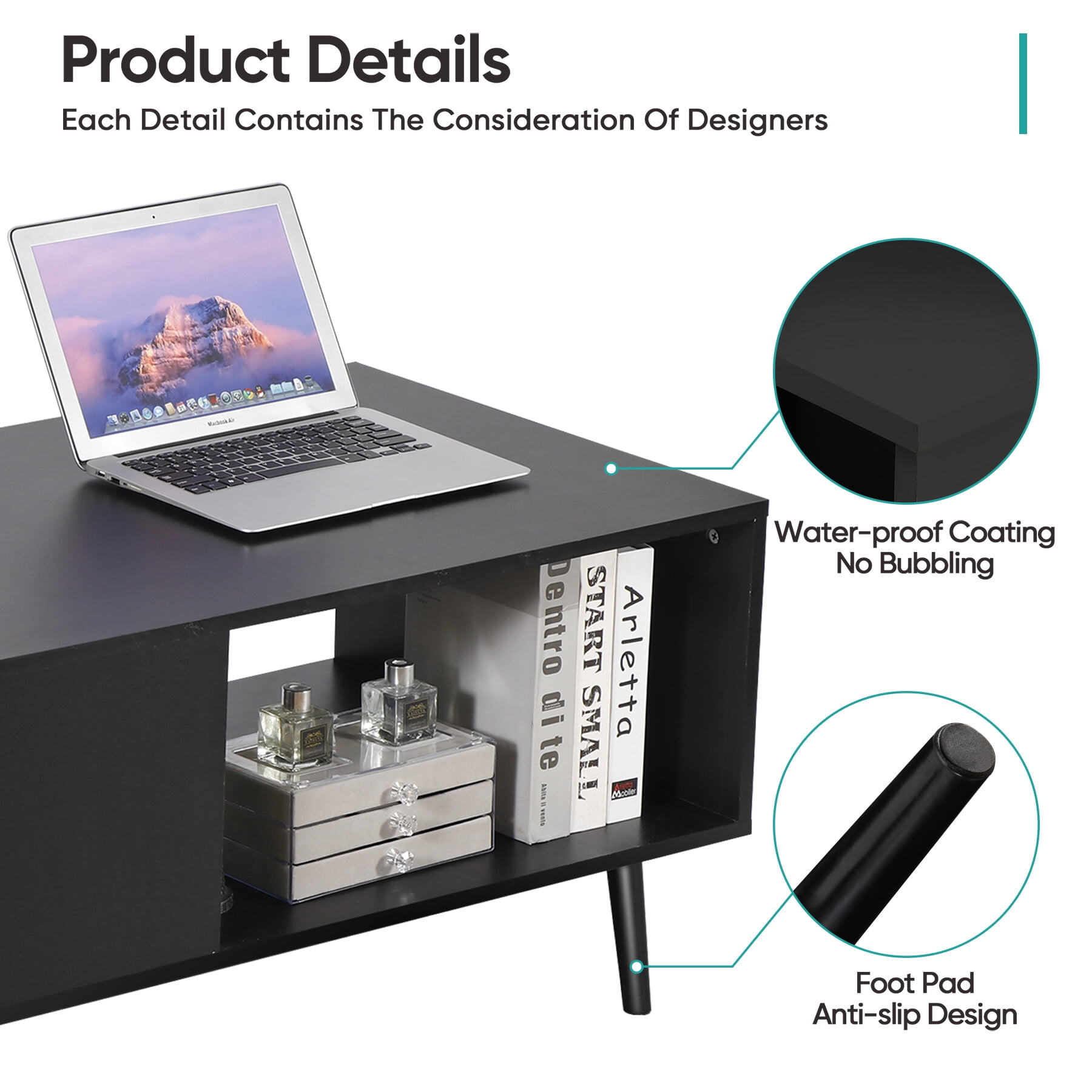 HomGarden Wood Coffee Table, Modern Console Sofa Side Table Cocktail Table Black