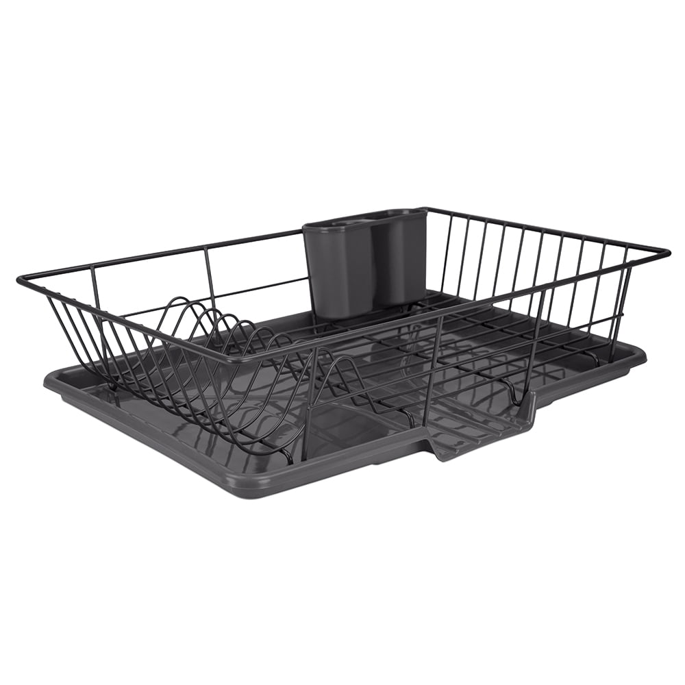 Home Basics 3 Piece Rust-Resistant Vinyl Dish Drainer with Self-Draining Drip Tray, Plastic Black