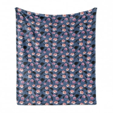 Exotic Soft Flannel Fleece Throw Blanket, Hibiscus Monstera Leaves Palms Island Foliage on Polka Dots, Cozy Plush for Indoor and Outdoor Use, 50" x 60", Pale Pink Slate Blue, by Ambesonne