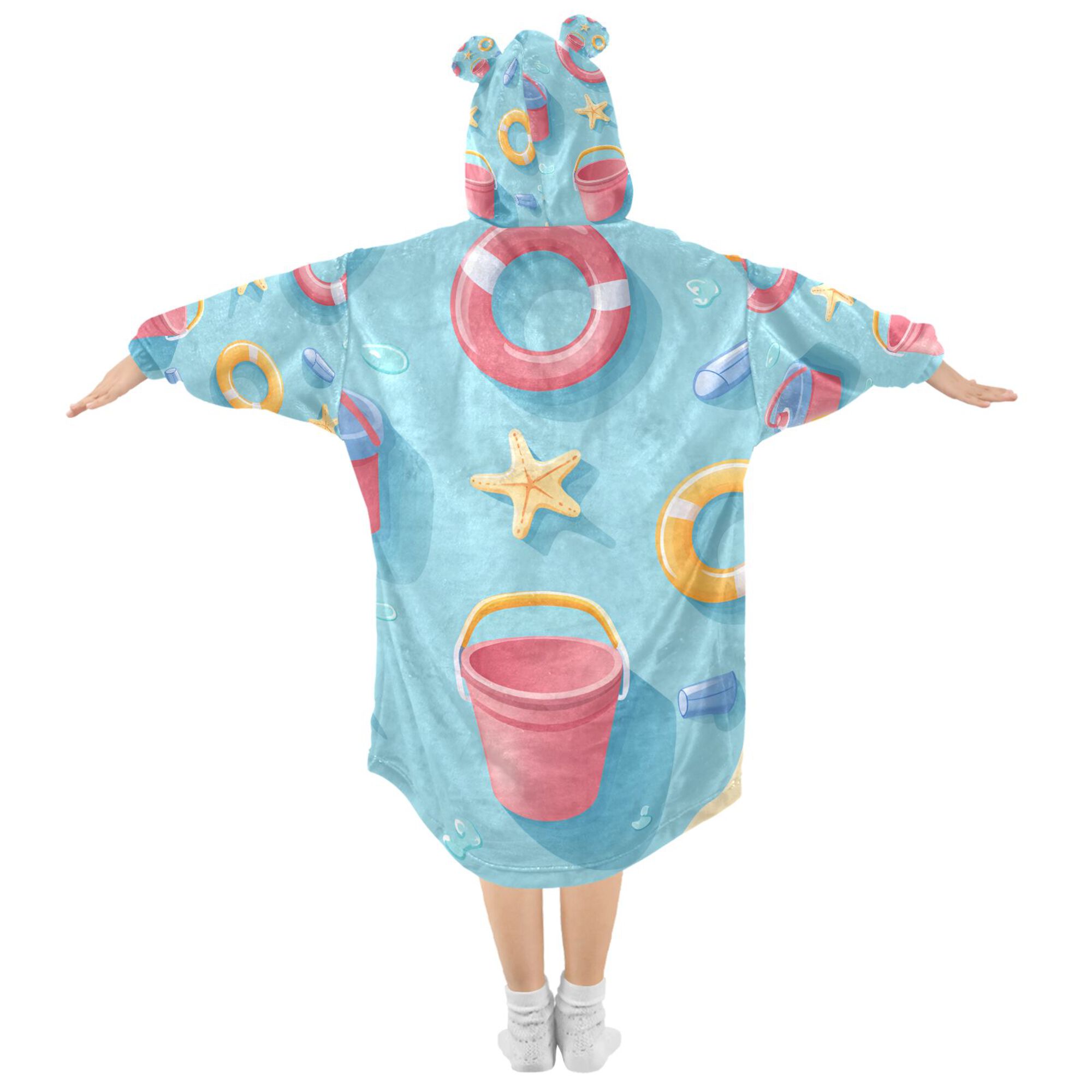 FORMRS Wearable Blanket Hoodie with Sleeves for Kids Cozy Flannel Sweatshirt, Pink Beach Toys Pattern