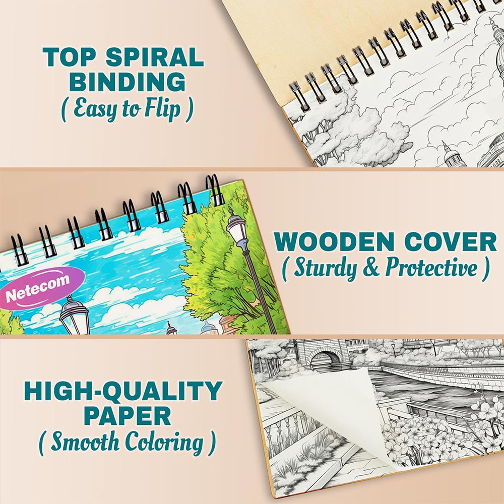 Netecom City Springtime Coloring Book Spiral Bound For Adults, A5 Wooden Cover, 30 Charming Coloring Pages of City Parks and Lively Spring Vibes for Stress Relief and Relaxation