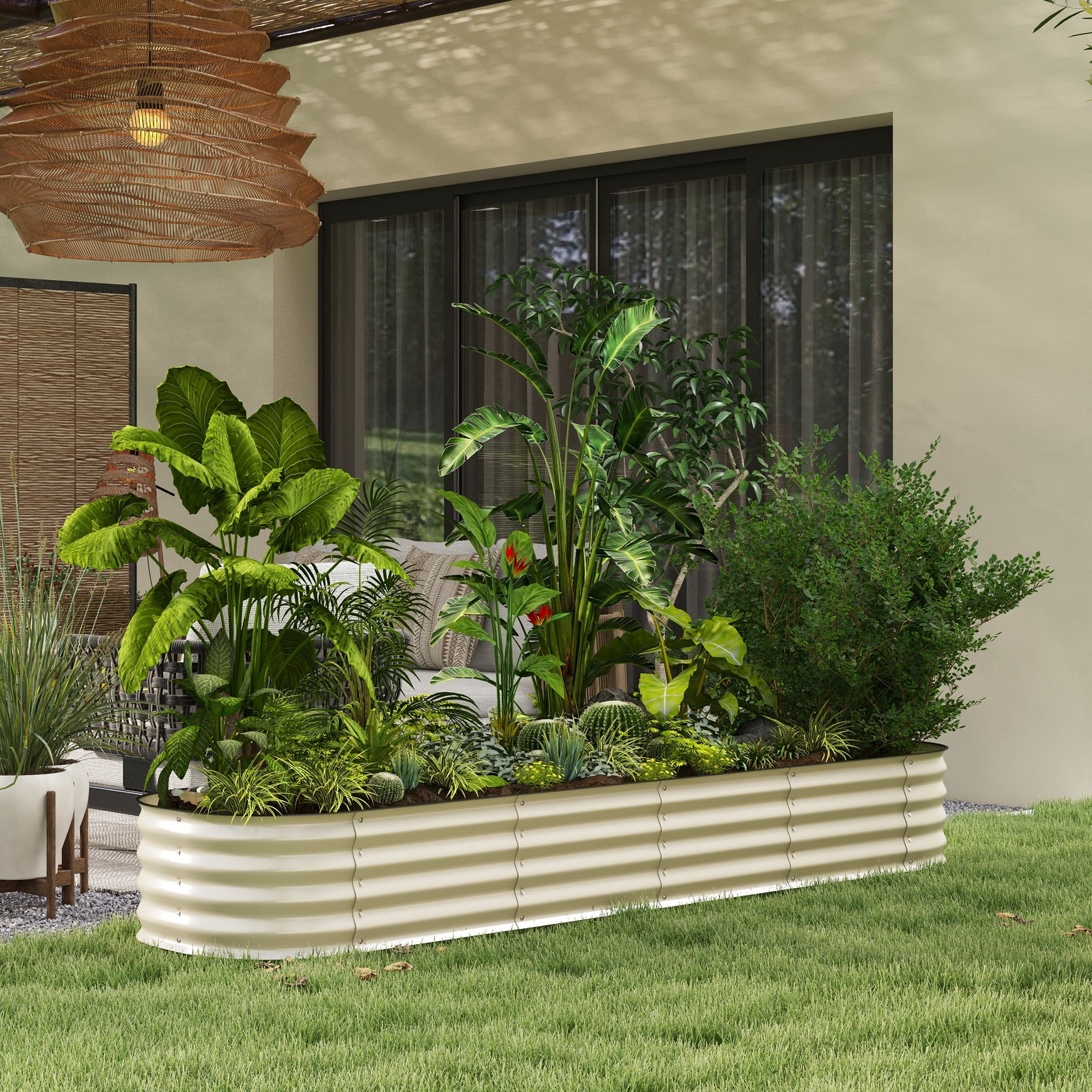 Outsunny Galvanized Raised Garden Bed Kit, Metal Planter Box with Safety Edging, 94.5" x 24.5" x 11.75", Cream