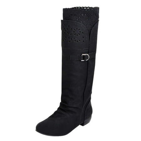 

Women Autumn Winter Flat Cavalry Boots Single Boots Hollow Lace Medium Boots