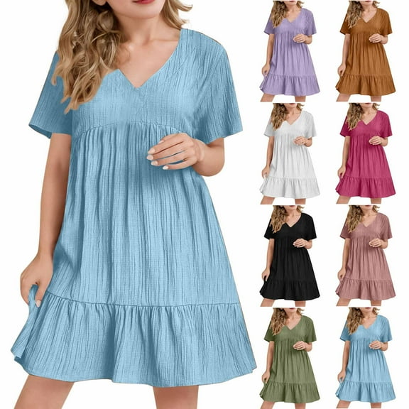 lcziwo Sundresses for Girls 2025 Short Sleeve Elegant Mini Dress Summer Casual V Neck Pleated Flowy Beach Dresses Black Ofertas de Hoy en Liquidación