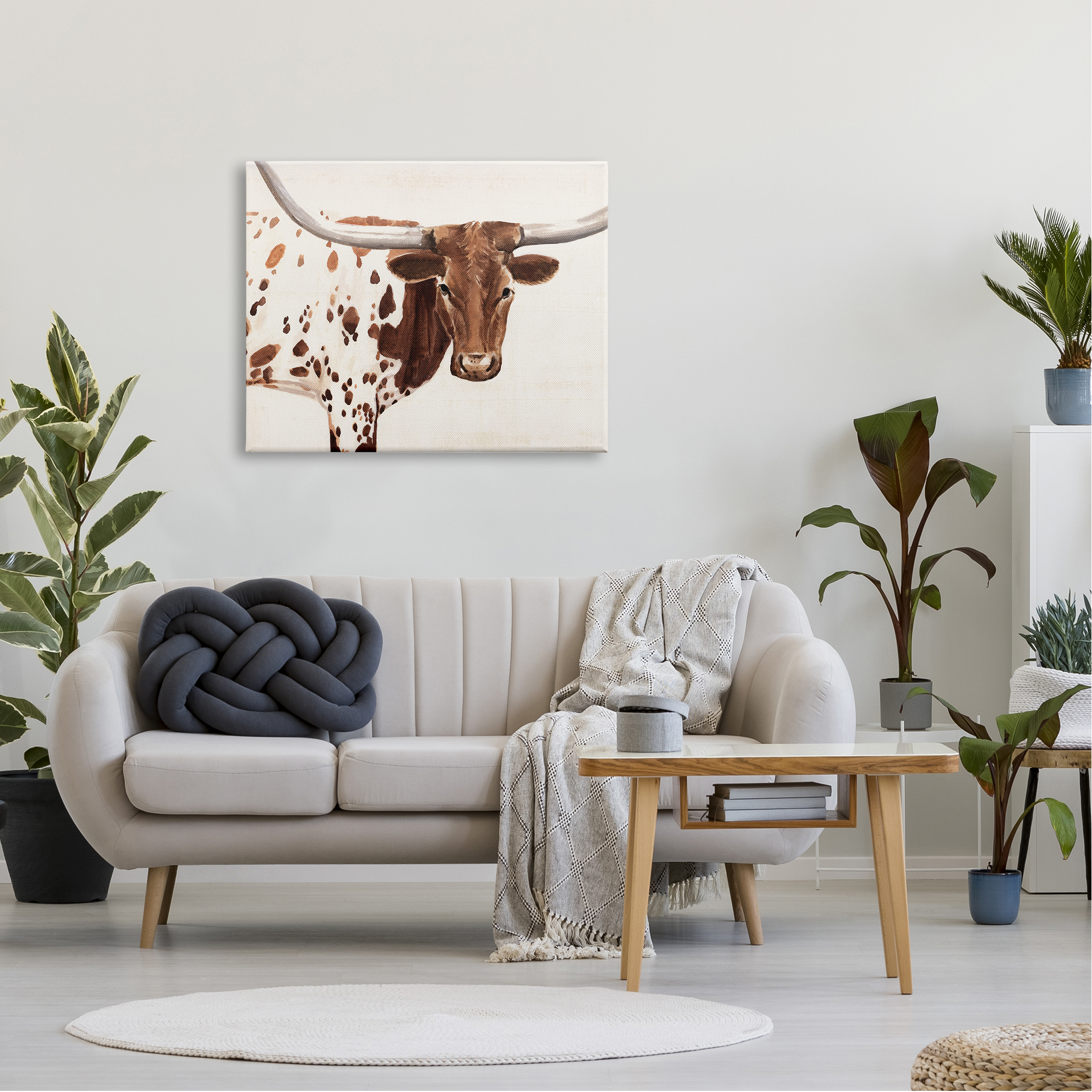 Country Brown Spotted Longhorn Cattle Portrait Animals & Insects Painting Gallery-Wrapped Canvas Print Wall Art