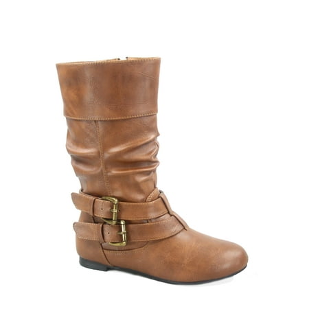 Sonny 54k Youth s Girls  Kid s Causal Round Toe Buckles Flat Heel Zip Mid Calf Riding School Boots Shoes ( Tan  10)