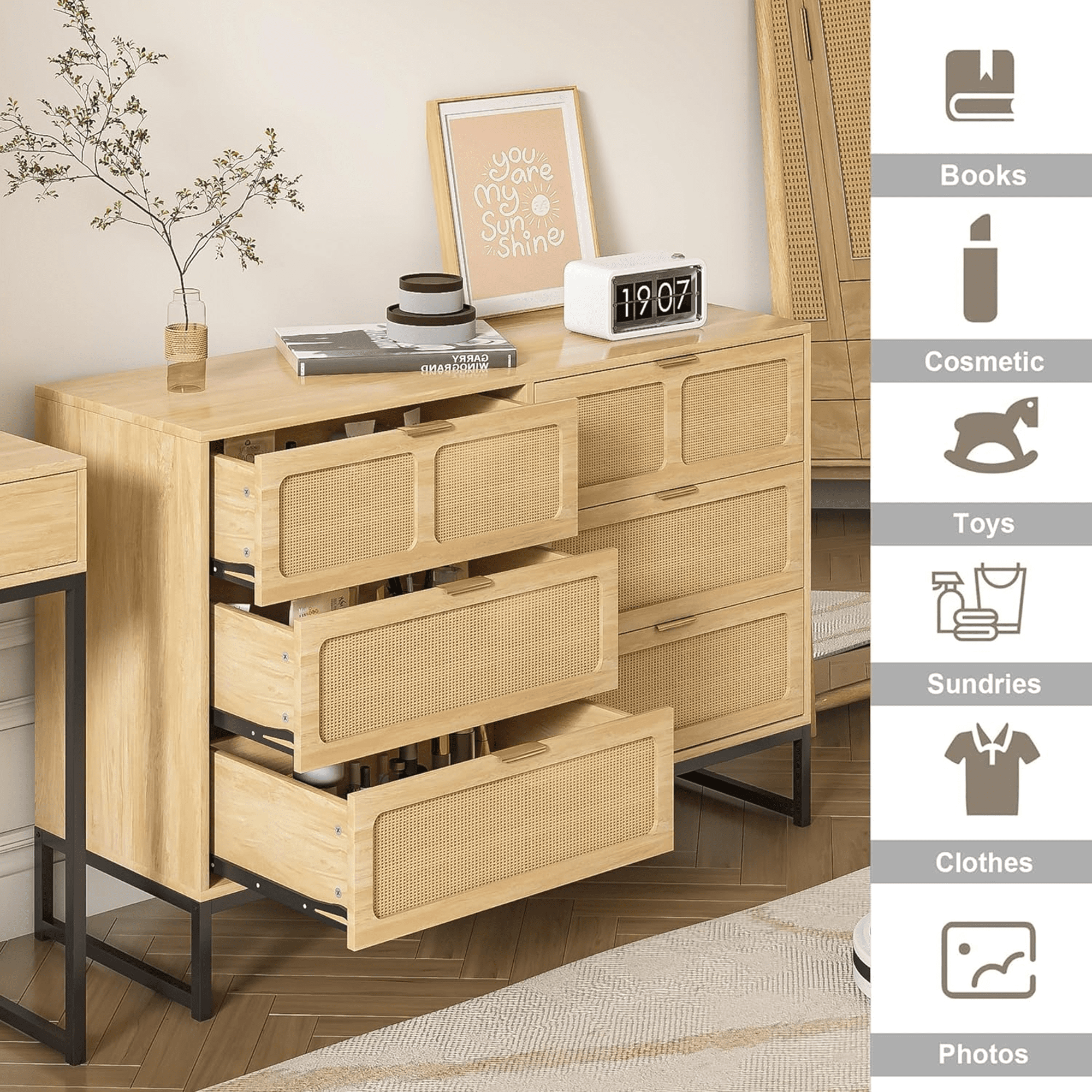 6 Drawer Double Dresser, Rattan Chest of Drawers, Wood Storage Chest for Bedroom Living Room