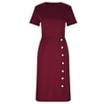 thumbnail image 6 of VSSSJ Womens Summer Casual Midi Dress Slim Crew Neck Solid Color Tunic Long Dress Button Front Short Sleeve Elegant Dress with Pockets, 6 of 9