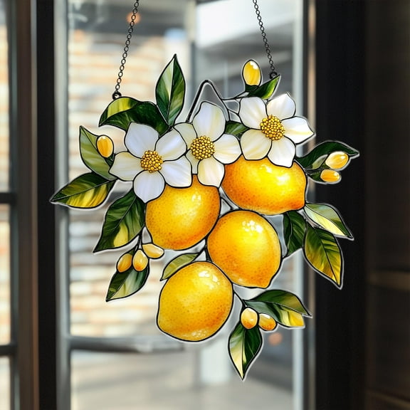 Lemon Blossom Acrylic Suncatcher – Faux Stained Glass Window Hanging with Yellow Citrus Fruit and White Flowers, Fresh Kitchen Decor 4305746145 5278