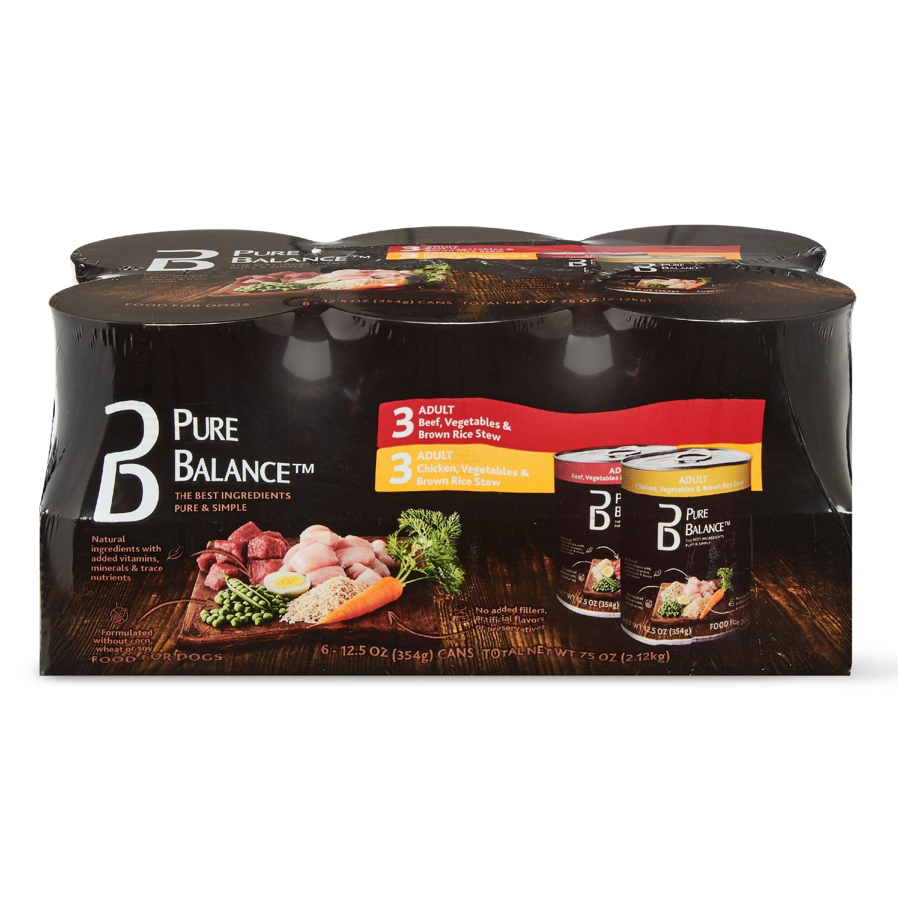 Pure Balance Adult Variety Wet Food Recipe Pack, Beef and Chicken with Vegetables, 12.5 oz, 6 Pack