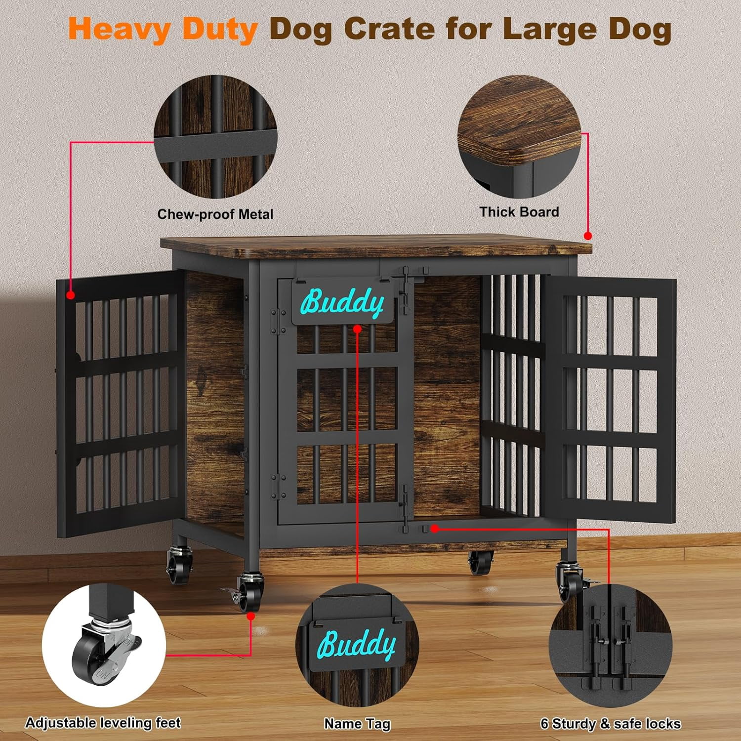 POAO 27"Dog Crate Furniture with Name Tag,Heavy Duty Dog Kennel Indoor for Small Dogs,Double-Door Sturdy Furniture Style End Table for Anxiety Dog