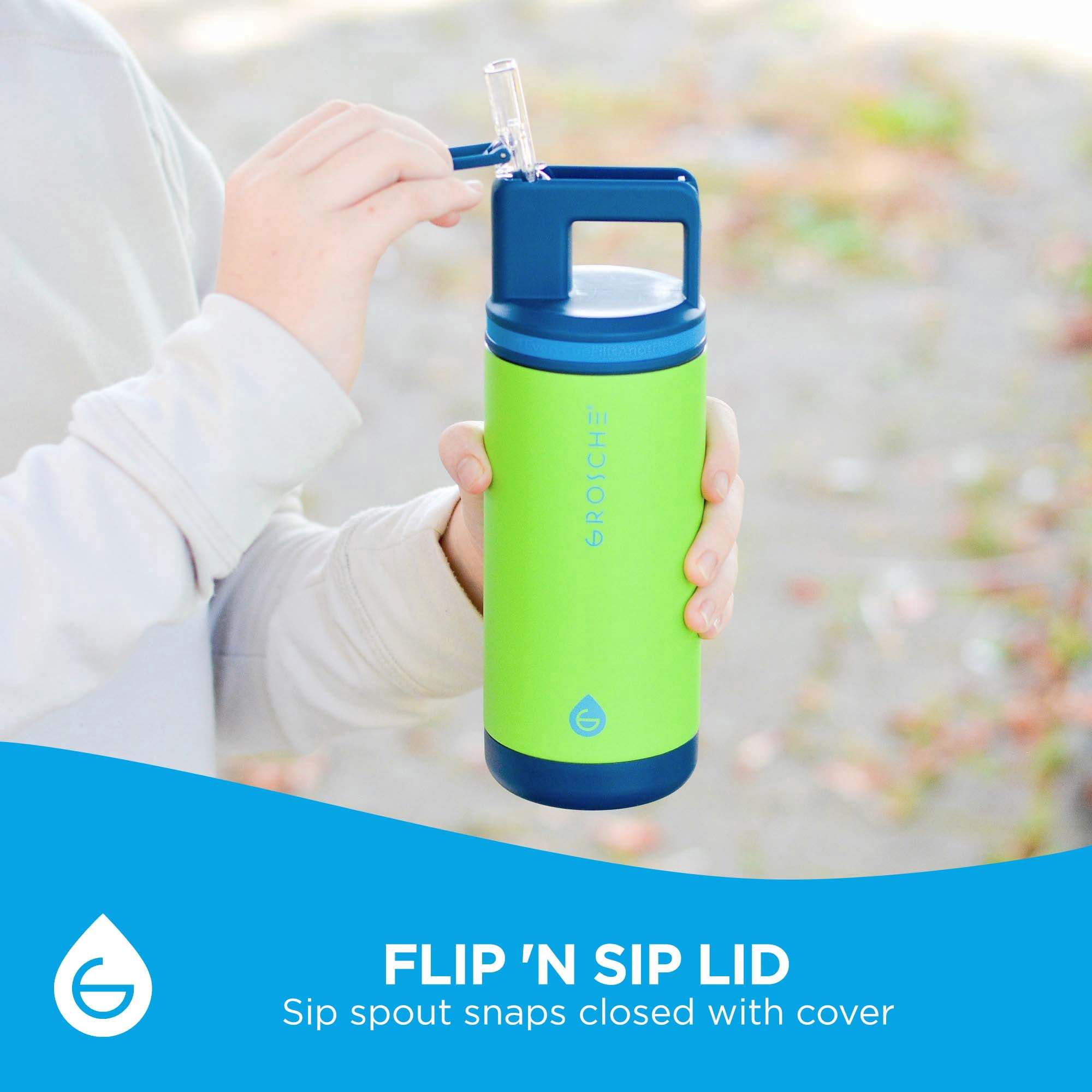 ALPINE Flip 'N Sip Kids Insulated Water Bottle With Straw - 16oz Kids Water Bottle - Dino Green