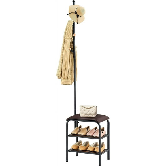 Coat Rack Stand Shoe Bench - 3 in 1 Coat Hall Tree with Shoe Storage With Benches Small Metal Shoes Shelf for Entryway Living Room Bedroom Hallway Mudroom