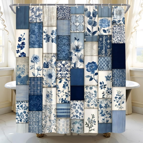 AUQ Blue and White Floral Patchwork Shower Curtain Vintage Navy Boho Flower Shabby Chic French Country Chinoiserie Botanical Waterproof Fabric Bathroom Decor with Hooks 67 X 70 Inch