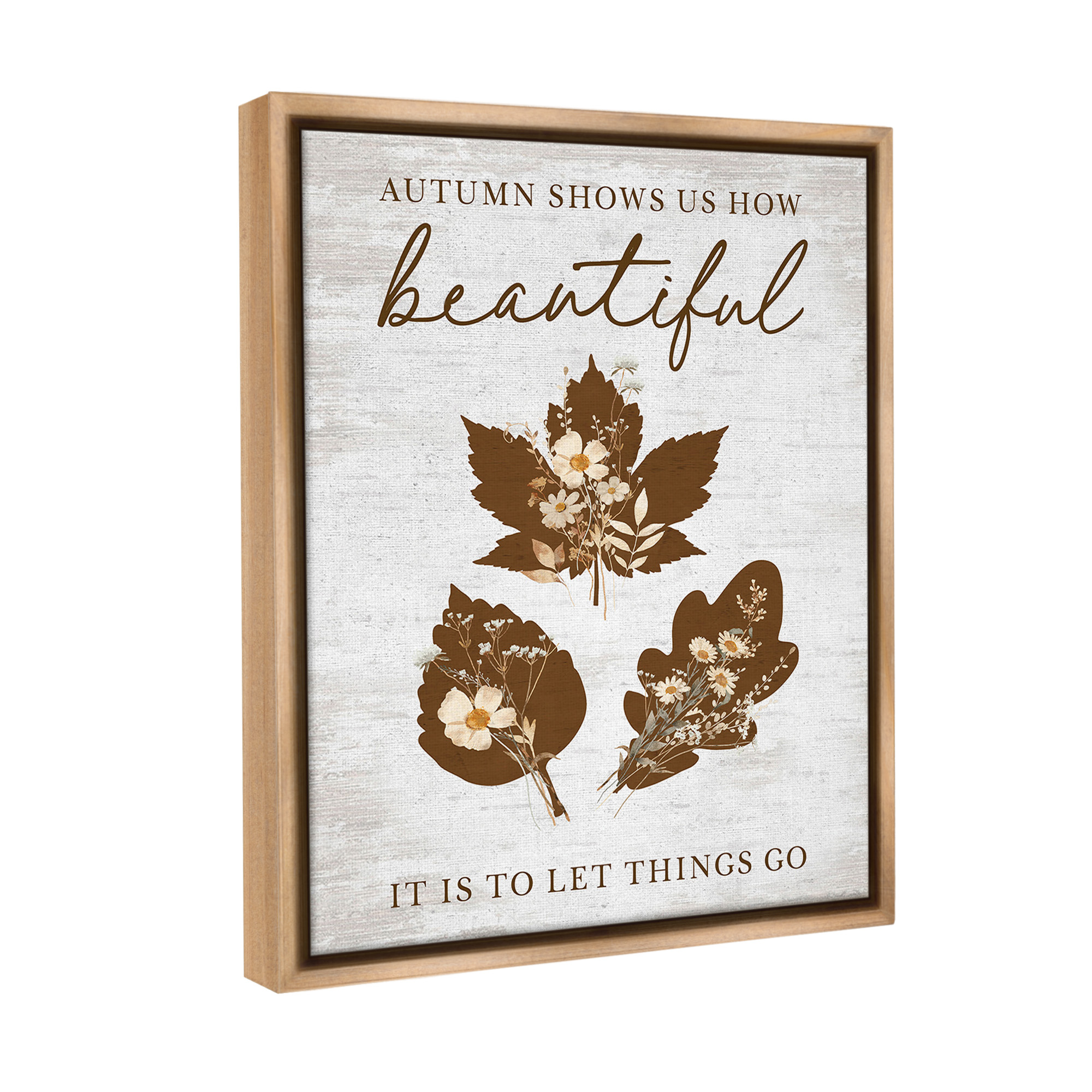 Stupell Industries Autumnal Beauty Phrase Botanical & Floral Painting Brown Floater Framed Canvas Art Print Wall Art, 17 x 21