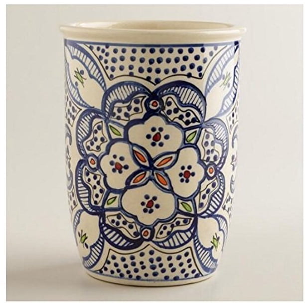 Toysdone Hand-Painted Ceramic Utensil Holder - Blue & White North African Design, Large Sturdy Crock For Kitchen Tools
