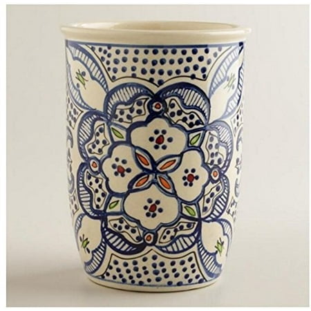 Large Utensil Holder - Utensil Holder Utensil Crock Utensil Organizer Caddy Ceramic Large STURDY Hand Crafted and Hand Painted Blue and white North African Design.