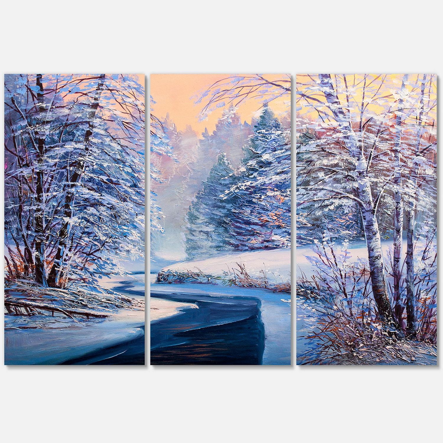 Designart Pastel Christmas Forest With River Canvas Wall Art