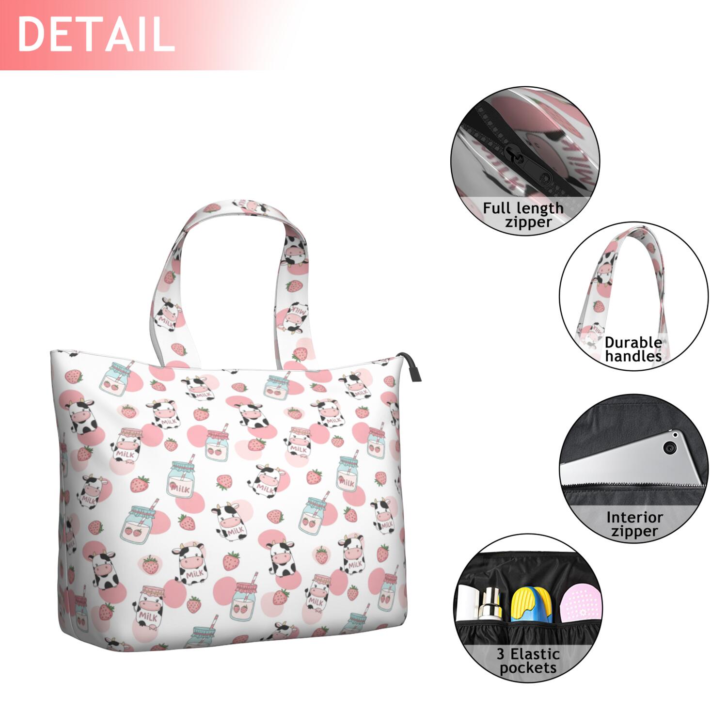 White Cow Milk Strawberry Pattern Travel Tote Bags for Women Carry On,Large Weekender Bags for Women Travel,Multi Functional Duffle Bag for Work,Shopping,Sports