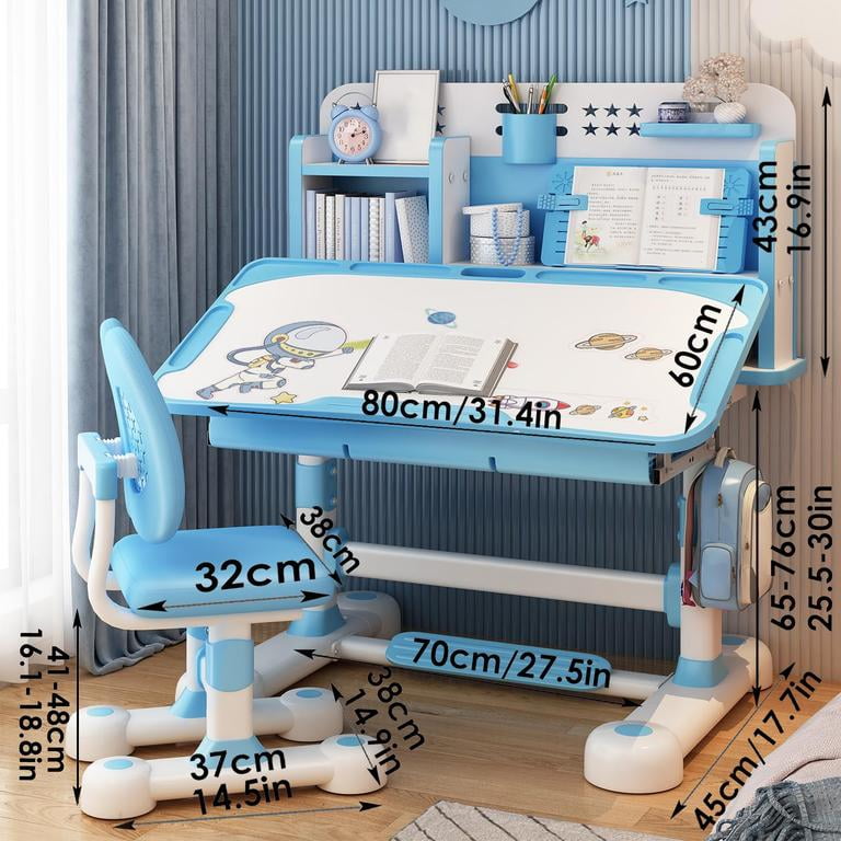 YNCE Kids Desk and Chair Set, Height Adjustable Astronaut Pattern Children School Desk with Shelf & Large Drawers, Kids Writing Study Table for Boys Girls 3+ (Blue #2)