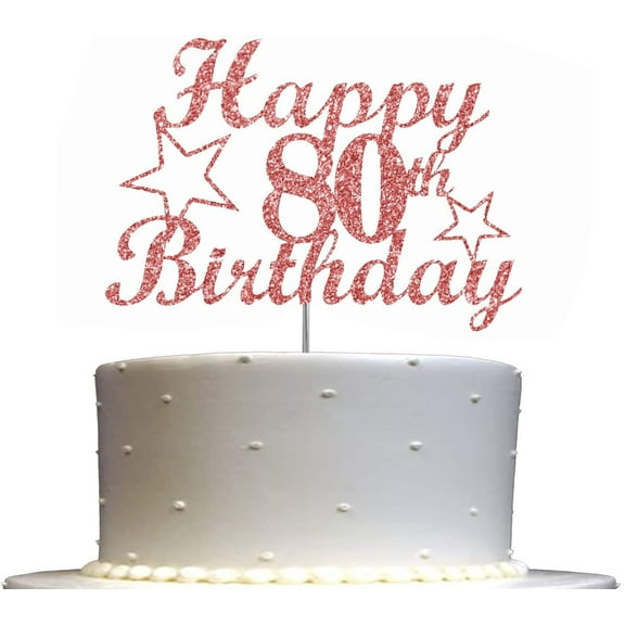 80 Birthday Rose Gold Glitter Cake Topper, 80th Party Decorations, Sturdy Doubled Sided Glitter, Acrylic Stick